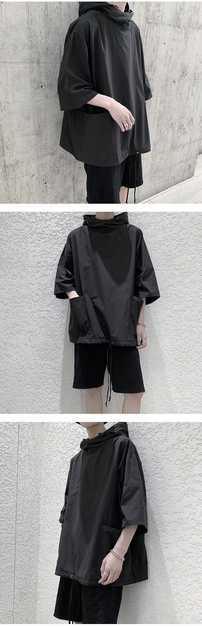 Men's Fashion Hooded Loose Fashion Flow Half-Sleeve Shirt T-shirt Fashion Brand Summer Hooded Short-Sleeved Sweater Short Sleeve