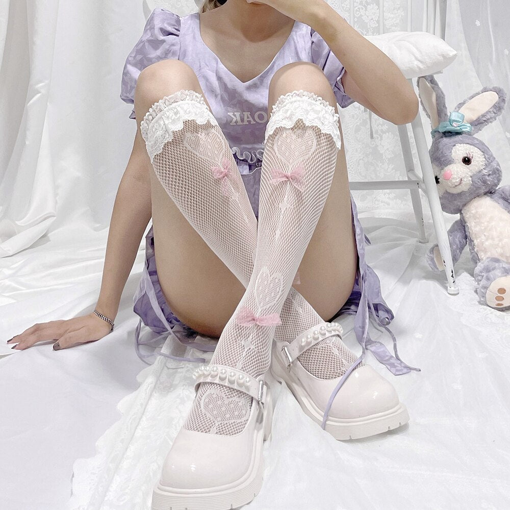 xiangtuibao Lolita Lace Mesh Socks Women Transparent Thin High Knee Socks Female Elastic Jk Bowknot Long Socks Leg Girls Calcetine Medias