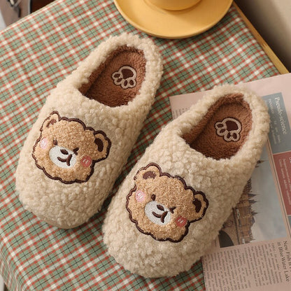 Kawaii Embroidery Bear Home Slippers Women Fashion Couple Soft Indoor Slippers Winter Plush Zapatillas Mujer Warm Ladies Shoes