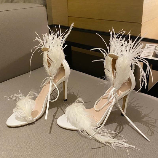 A Large Number of Spot Sexy Feather Ankle Strap Stiletto Heel Plus Size Sandals