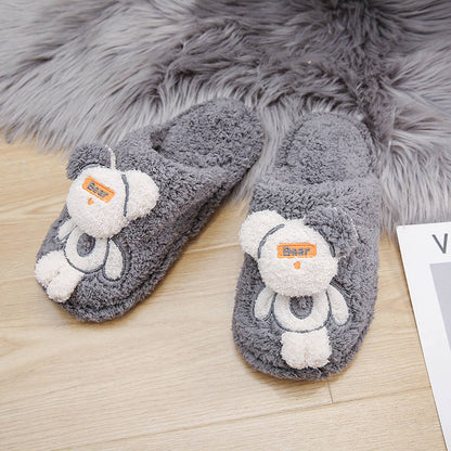 Fashion Couple Winter Home Slippers Women Cartoon Cute Bear Shoes Soft Warm House Slippers Flat Red Slides Women Fluffy Slippers