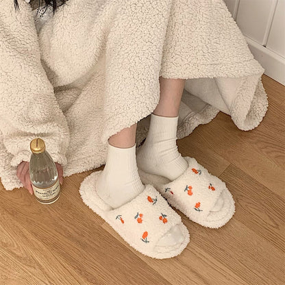 Winter indoor slippers cartoon fruit soft fluffy plush thick-soled flat shoelaces non-slip heel non-slip shoes casual ladies