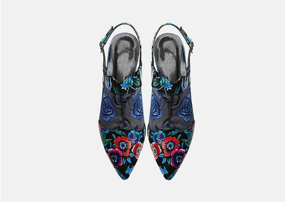 xiangtuibao    High Heels Sandals,Woman Mesh Summer Shoes,Women Pumps Pointed toe,Ankle Buckle Strap,Ethnic Embroidery Flower,Handmade