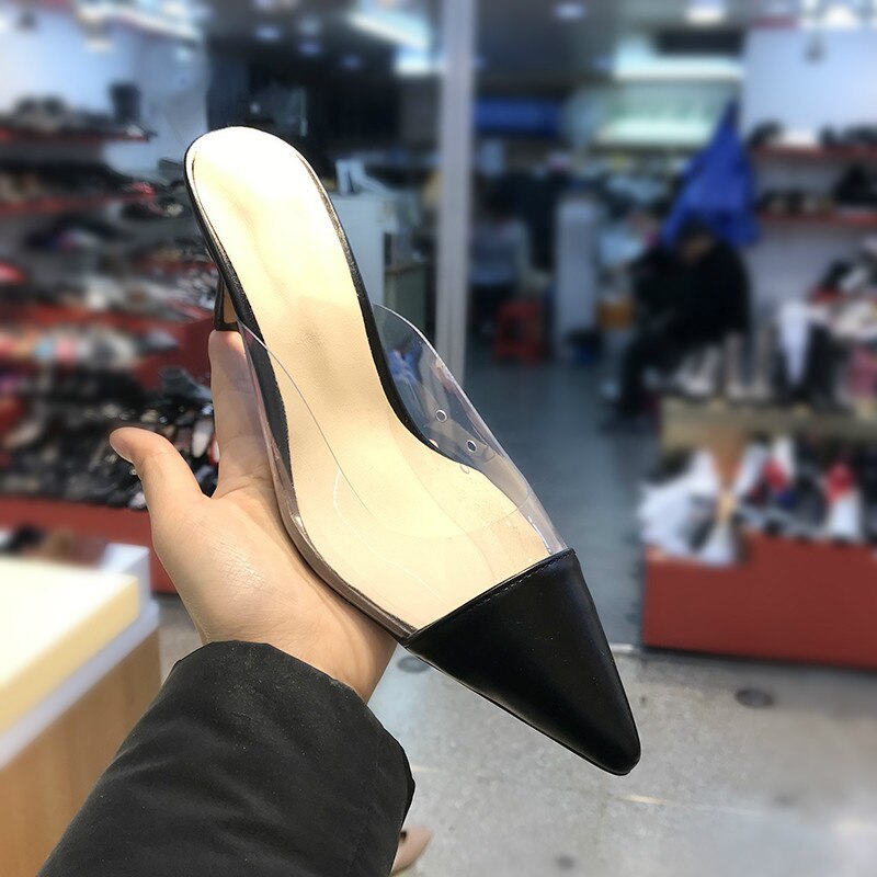 Pointed Half Slippers Women's   Spring Korean Color Matching Thin Heeled Baotou Transparent High Heels Outer Wear Slippers