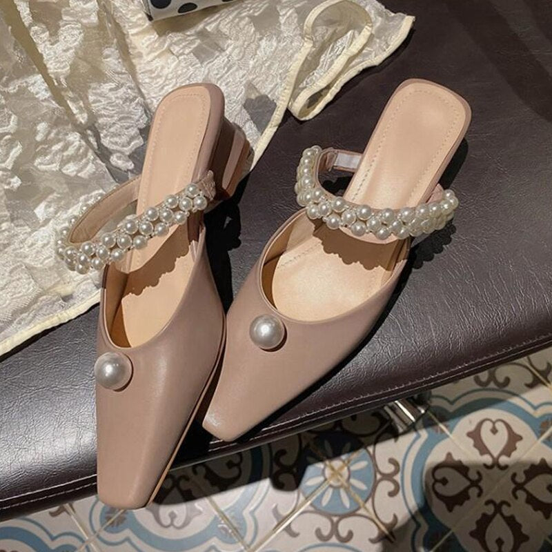 Lucyever Pearls Strap Mules Shoes Women's  Autumn Fashion Square Toe Thick Heels Slip on Shoes Woman Elegant Slippers Slides