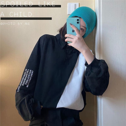 xiangtuibao new stitching contrast  shirt Korean Hong Kong style sweatshirt Preppy hip hop oversize long-sleeved t-shirt men women