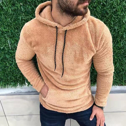 xiangtuibao Casual Solid Hooded Men's Long Sleeve Autumn Winter Warm Pocket Loose Sweatshirt Plush Fleece Hoodies Oversized Loose Tops