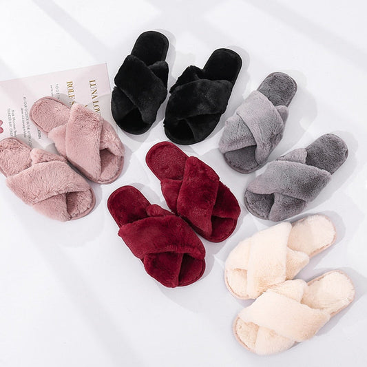 GHJIOL Winter Women House Slippers Faux Fur Warm Flat Shoes Female Slip On Home Furry Ladies Slippers Size 36-43 Wholesale