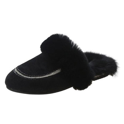 Ladies Plush Slippers Autumn Winter New Baotou Furry Mules Shoes Women Outdoor Wear Bowknot Warmth Flat-bottomed Cotton Slippers