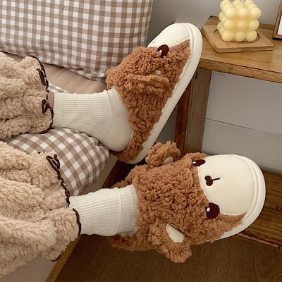 New girl heart cotton slippers female autumn and winter cartoon cute bear knot plush non-slip indoor confinement shoes household