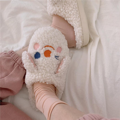 Kawaii Shoes Cartoon Slippers for Home Warm Soft Winter Comfortable Fur Slides for Women's Flip Flops