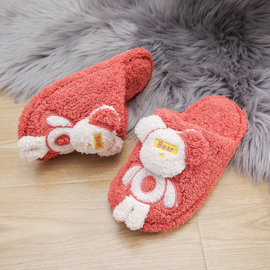 Fashion Couple Winter Home Slippers Women Cartoon Cute Bear Shoes Soft Warm House Slippers Flat Red Slides Women Fluffy Slippers
