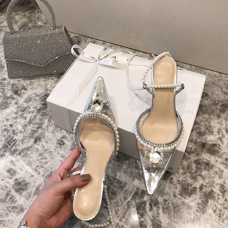 Pointed Head Transparent Sandals Female Summer  New Pearl Rhinestone High Heels Fine Fairy Style Sandals