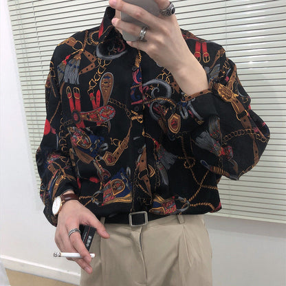 xiangtuibao New Beach Hawaiian Shirt for Men Long Sleeve Casual Loose Harajuku Floral Print Blouse Button Up Mens Shirts Streetwear