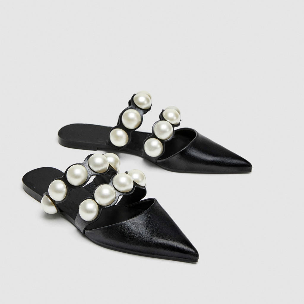 European and American Spring and Summer New Pointed Flat Pearl Decorative Open Toe Flat Women's Slippers Beach Shoes