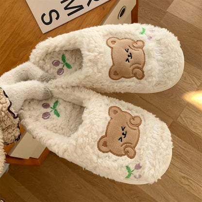 New girl heart cotton slippers female autumn and winter cartoon cute bear knot plush non-slip indoor confinement shoes household