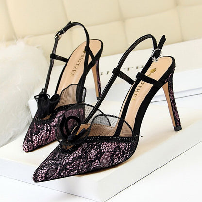 European and American lace fashion sexy high heels womens rhinestone hollow out thinner stiletto sandals banquet wedding sandals