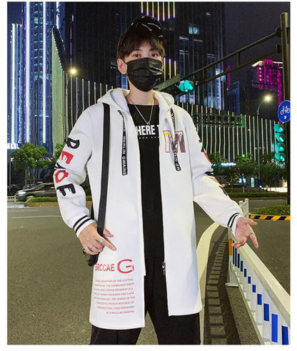 Winter Slim Long Trench Coat Men Letter Print Style Hooded Overcoat Black Hip Hop Streetwear Autumn Korean Mens Jacket