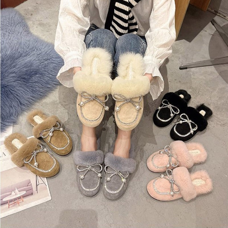 Ladies Plush Slippers Autumn Winter New Baotou Furry Mules Shoes Women Outdoor Wear Bowknot Warmth Flat-bottomed Cotton Slippers