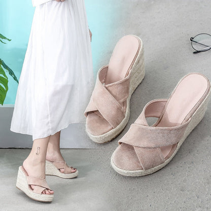 Summer Casual Wedges Slides Outdoor Peep Toe Cane Straw Weave Platform Slippers Sandals Women Fashion High Heels Female Shoes