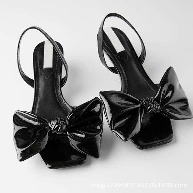 Brand Summer Simple Bow Tie Back Strap Patent Leather Mid-heel Sandals Women Open-toed Stiletto Fashion Sandals Black