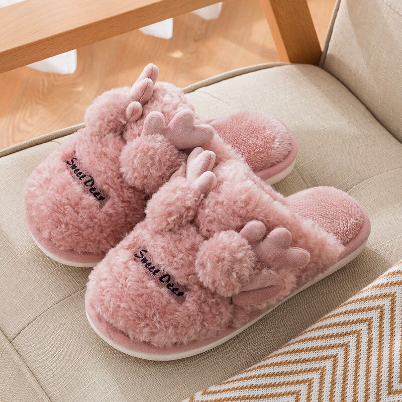 Yellow Cute Deer Women's Fur Slippers Indoor Room Plush Slippers Couple Warm Fleece Women Soft Home Slippers zapatillas invierno