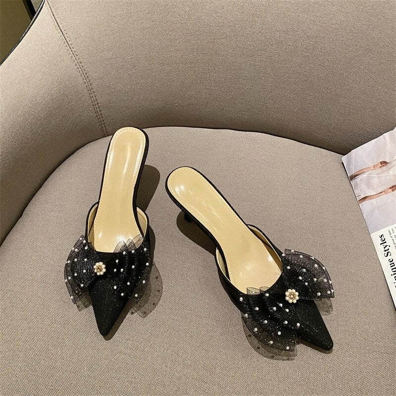 Women Sandals Pointed Stiletto Heel Mules Shoes Closed Toe Mesh Bow High Heel Pearl Sandals for Women