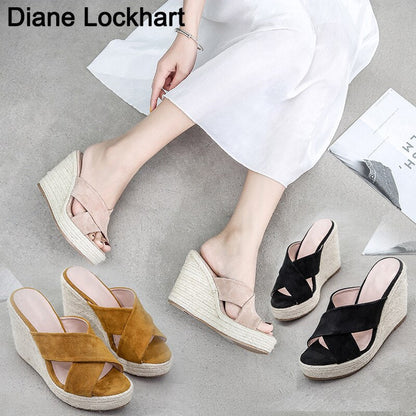 Summer Casual Wedges Slides Outdoor Peep Toe Cane Straw Weave Platform Slippers Sandals Women Fashion High Heels Female Shoes