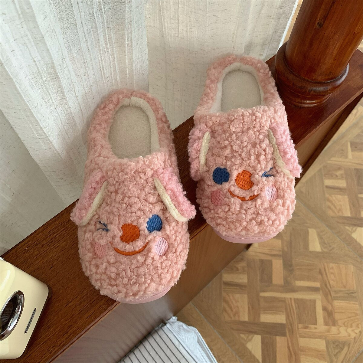 New girl heart cotton slippers female autumn and winter cartoon Christmas cute knot plush non-slip indoor shoes home