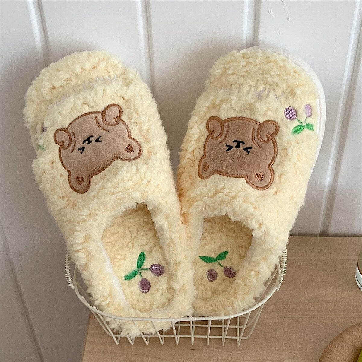 New girl heart cotton slippers female autumn and winter cartoon cute bear knot plush non-slip indoor confinement shoes household