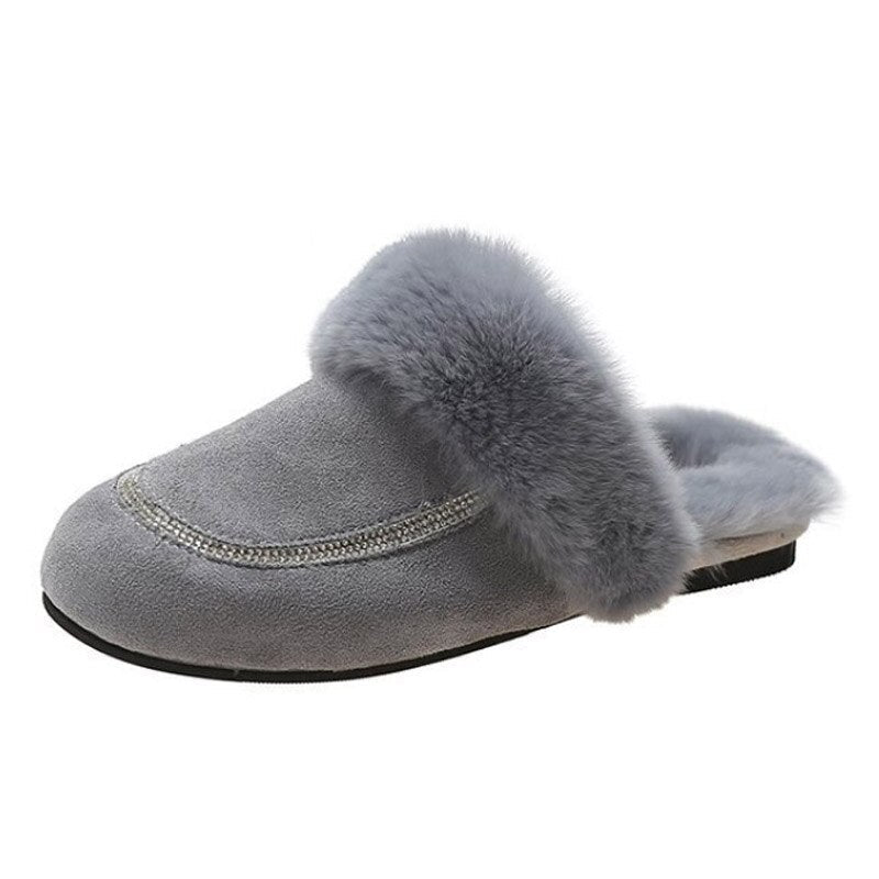 Autumn Winter Ladies Plush Slippers Female Fluffy Rabbit Fur Slippers Indoor Outdoor warm Cotton Slippers Women Flat Mules Shoes