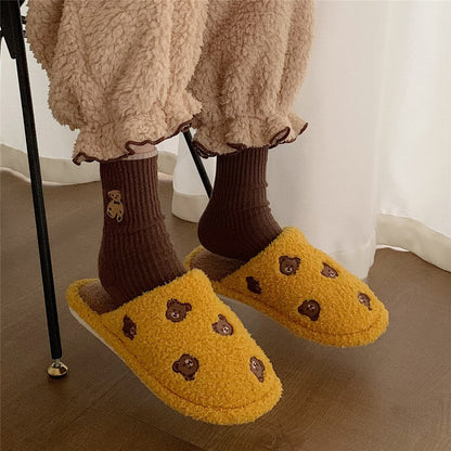 new cute couple fashion cartoon pattern bear adult autumn and winter non-slip warm indoor fluffy slippers home shoes women home