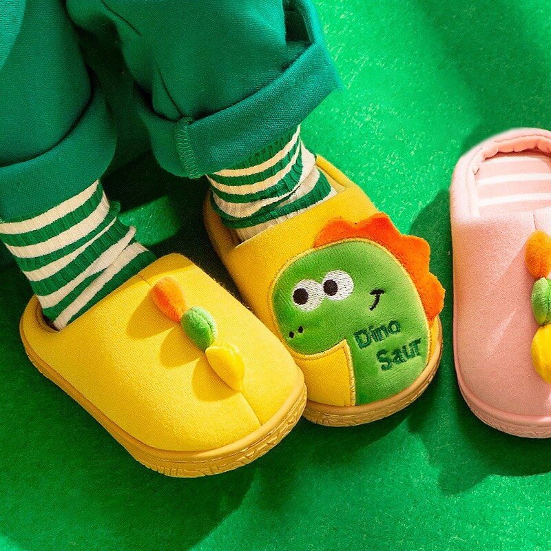 Cartoon Dinosaur Autumn Winter Korean Plush Kids Slippers Bottom Soft Insole Home Shoes Thick Indoor Non-slip Slide Footwear