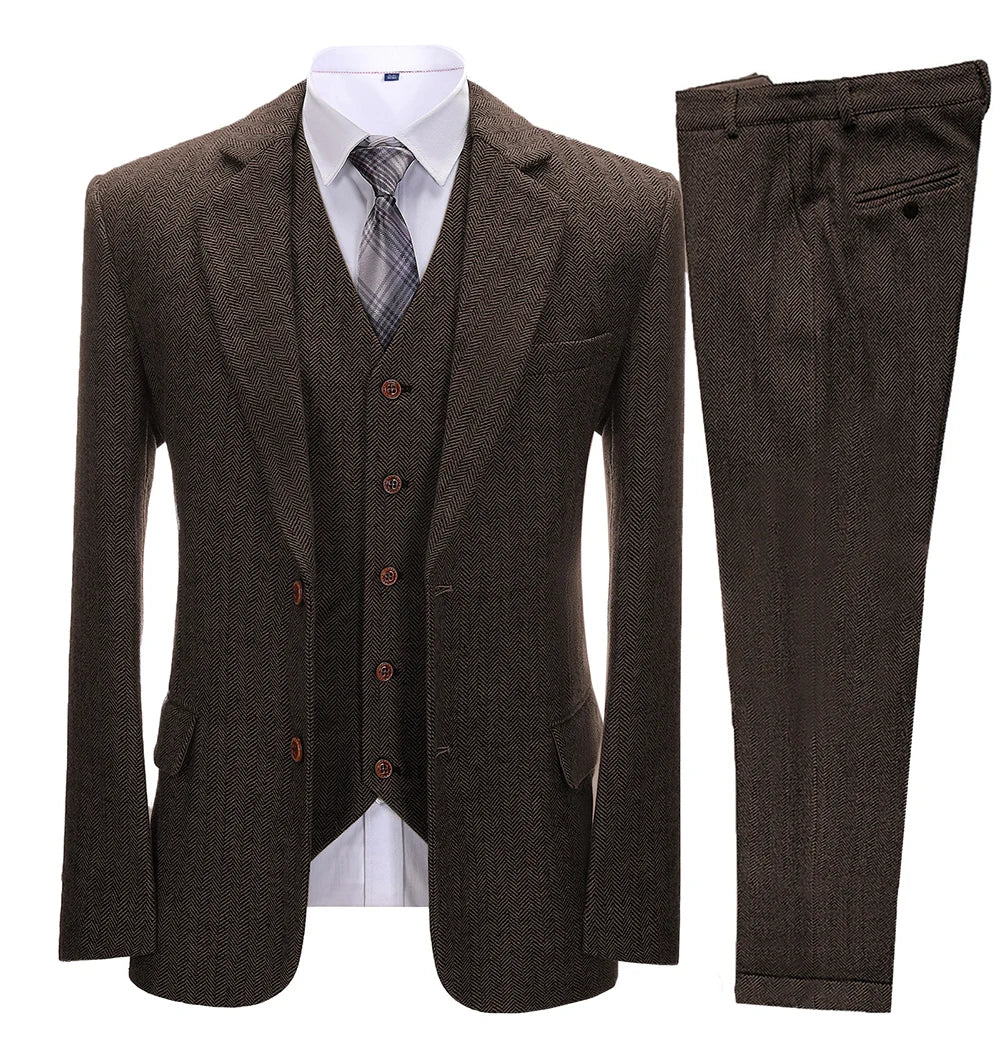 xiangtuibao Brown Men's Vintage Suits 3 Pieces Latest Coat Designs Herringbone Tweed Tuxedo Winter Formal Wedding Suits (Blazer+Vest+Pants)
