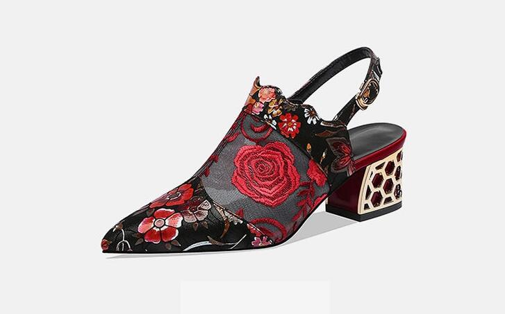 xiangtuibao    High Heels Sandals,Woman Mesh Summer Shoes,Women Pumps Pointed toe,Ankle Buckle Strap,Ethnic Embroidery Flower,Handmade