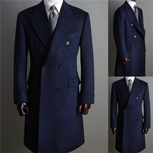 xiangtuibao Formal Navy Men Suits Thick Wool Custom Made Men Jacket Double Breasted Tuxedos Peaked Lapel Blazer Business Long Coat