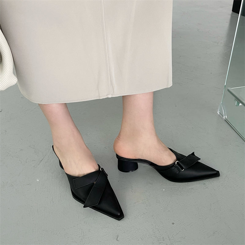 xiangtuibao Fashion Solid PU Turned-over Edge Pointed Toe Mid Heel Women Mules Concise Shallow Slip-On Slipper  Summer New 35-39