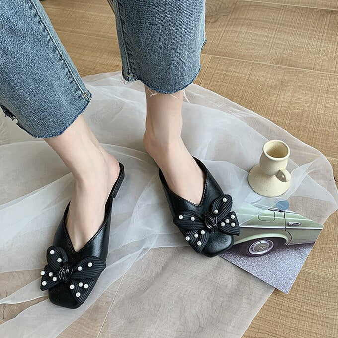 Women Baotou Slippers Korean Bowknot Square Toe Muller Sandals Outdoor Beach Casual Half Bag Slippers Comfortable Slippers