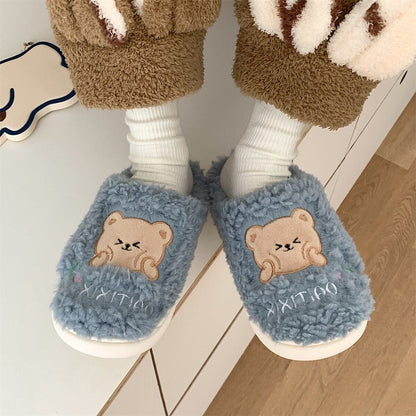 New girl heart cotton slippers female autumn and winter cartoon cute bear knot plush non-slip indoor confinement shoes household