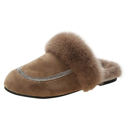 Autumn Winter Ladies Plush Slippers Female Fluffy Rabbit Fur Slippers Indoor Outdoor warm Cotton Slippers Women Flat Mules Shoes