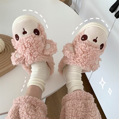 New girl heart cotton slippers female autumn and winter cartoon cute bear knot plush non-slip indoor confinement shoes household