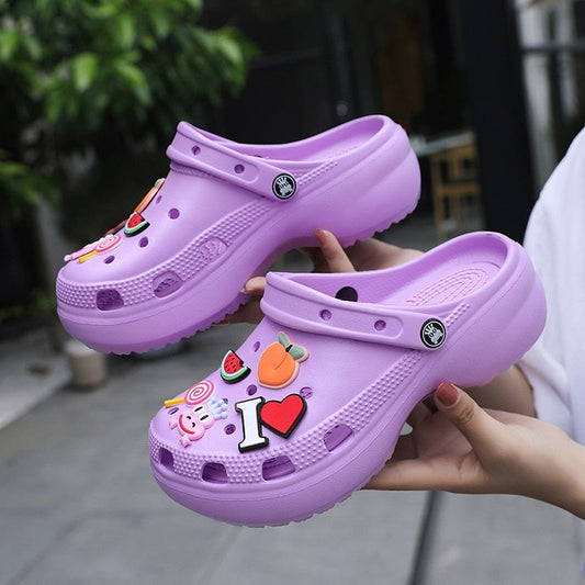 Cute Purple Woman Clogs Chunky Fruit Pattern Womens Platform Sandals Hollow Out Fashion Women's Wedge Sandals zuecos sanitarios