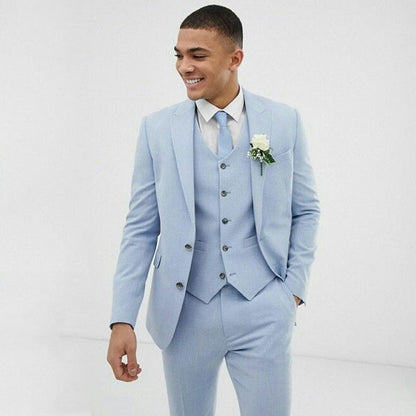 xiangtuibao Light Blue Wedding Men Suits Slim Fit Linen Tuxedos Groom Wear Terno 3 Pieces(Jacket+Pants+Vest) Bridegroom Blazer Costume Homme