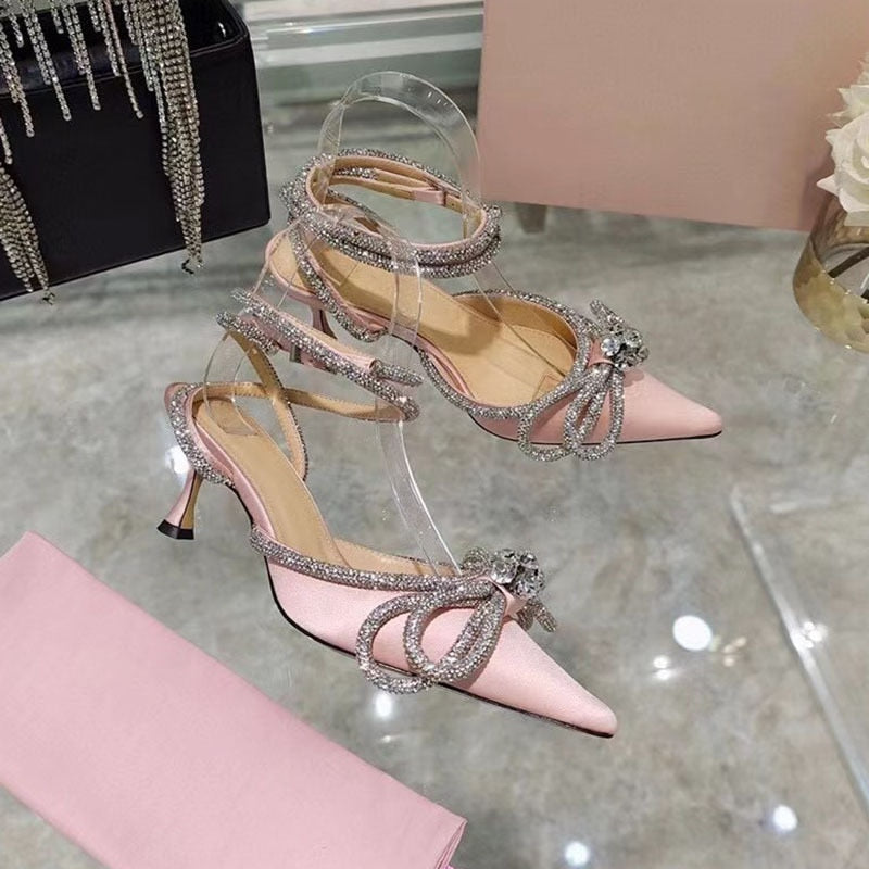 Rhinestone Baotou sandals  new summer fairy wind pointed pink high-heeled bow tie thin heel winding bandage