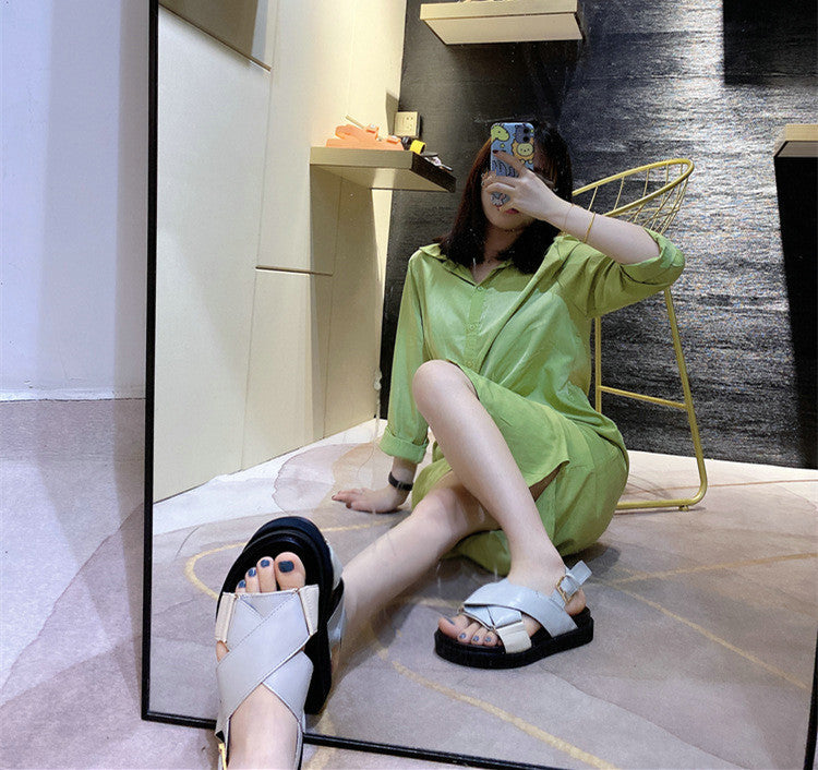 Summer Cowhide Leather Sandals Female Ins Tide Fairy Style Student Flat Thick Bottom Cross Roman Shoes