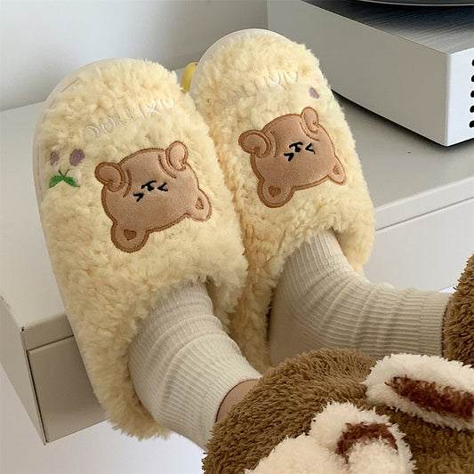 New girl heart cotton slippers female autumn and winter cartoon cute bear knot plush non-slip indoor confinement shoes household