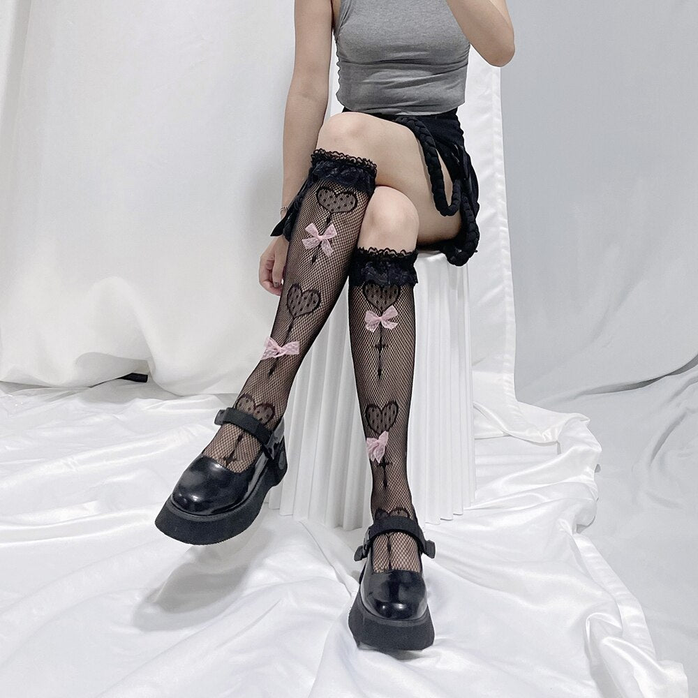 xiangtuibao Lolita Lace Mesh Socks Women Transparent Thin High Knee Socks Female Elastic Jk Bowknot Long Socks Leg Girls Calcetine Medias