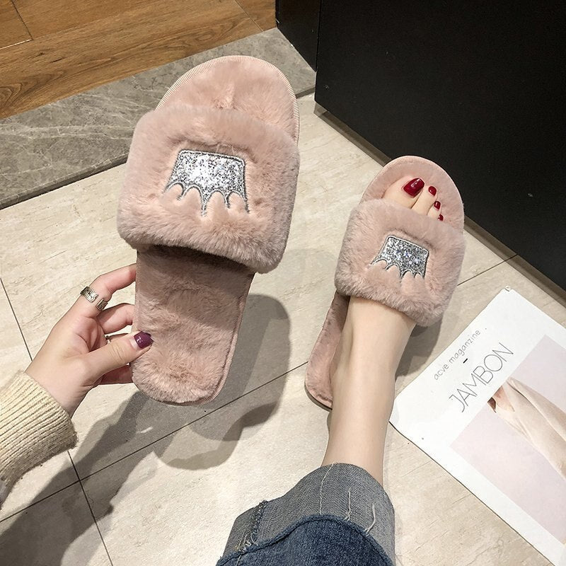 Slippers Women  Womens Fur Slippers Winter Shoes Big Size Home Slipper Plush Pantufa Women Indoor Warm Fluffy Cotton Shoes