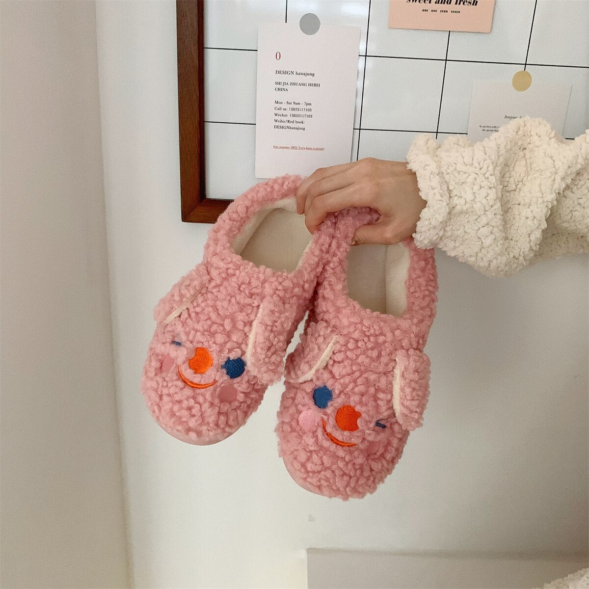 New girl heart cotton slippers female autumn and winter cartoon Christmas cute knot plush non-slip indoor shoes home