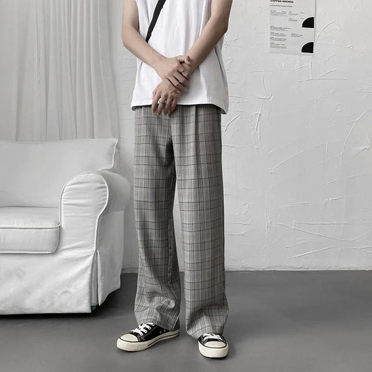 xiangtuibao -  Men's Plaid Business Casual Pants Stripe Blazer Suits Pants Loose Formal Wide Leg Pants Grey/khaki Social Trousers S-XL